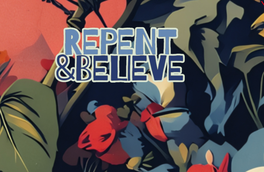 "Repent & Believe" Blue Green Bird floral Women's Short Sleeve Cropped Crew Neck T-Shirt