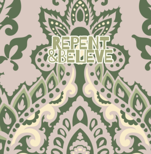 "Repent & Believe" Green Cream Damask Women's Flared Sleeve Button Tiered Shirt Dress