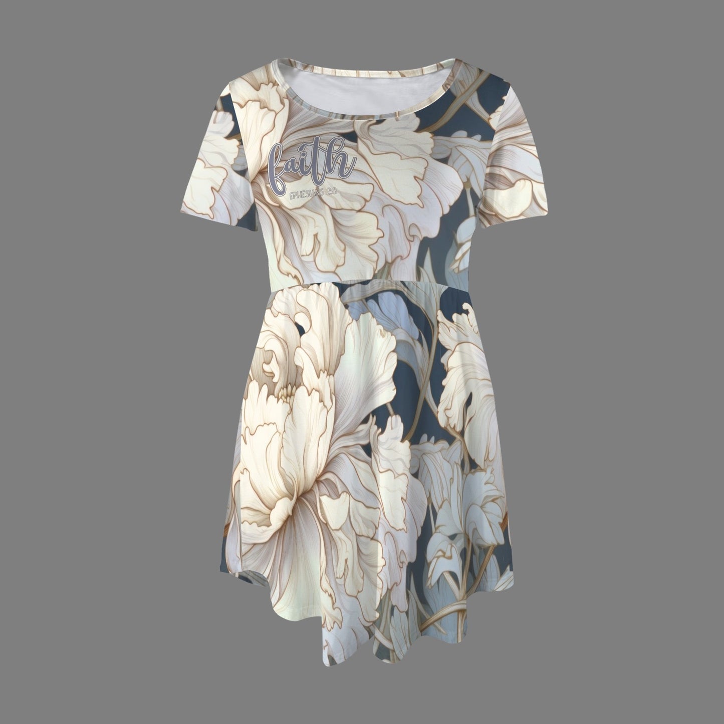 "Faith Ephesians 2:8" Blue & White Floral Short Sleeve Pocket Elastic Waist Causal Dress