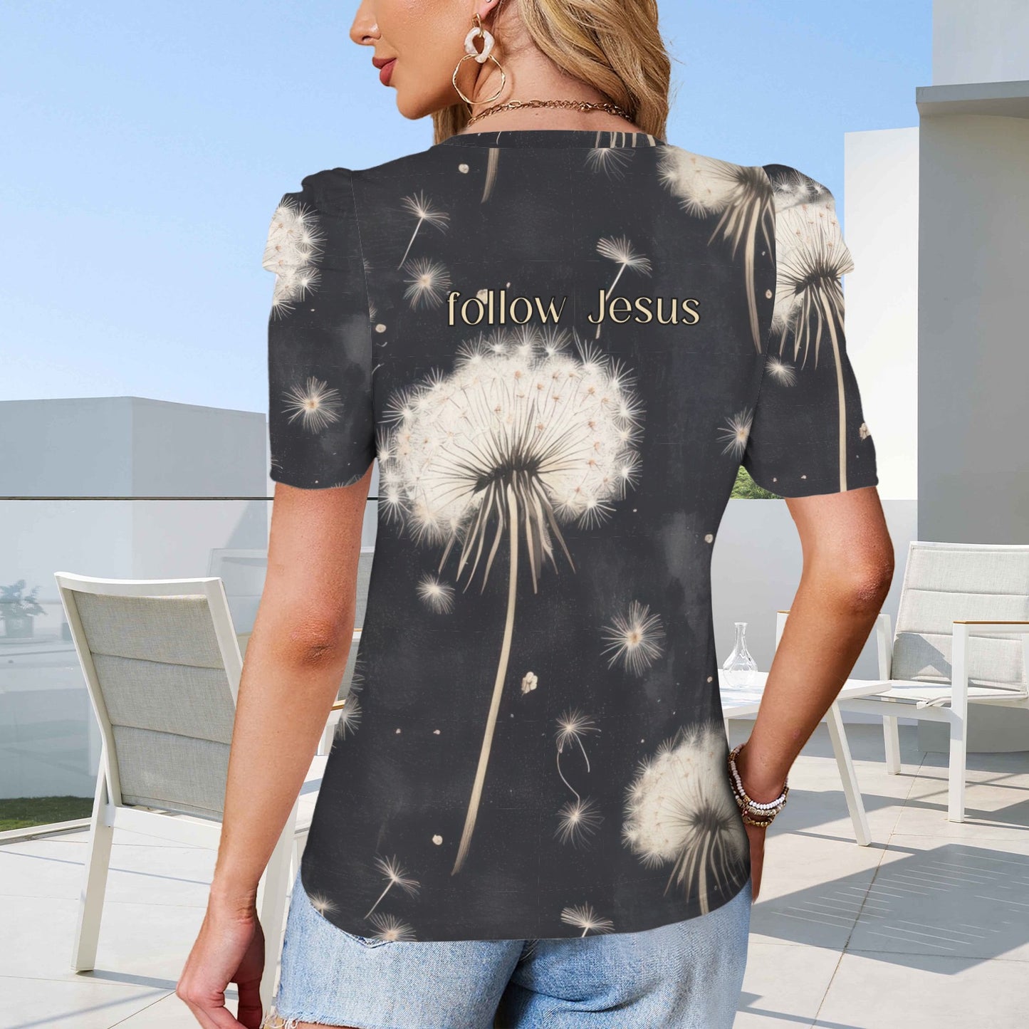 "Follow Jesus" Black & White Dandelion Women's Round Neck Puff Sleeve T-Shirts