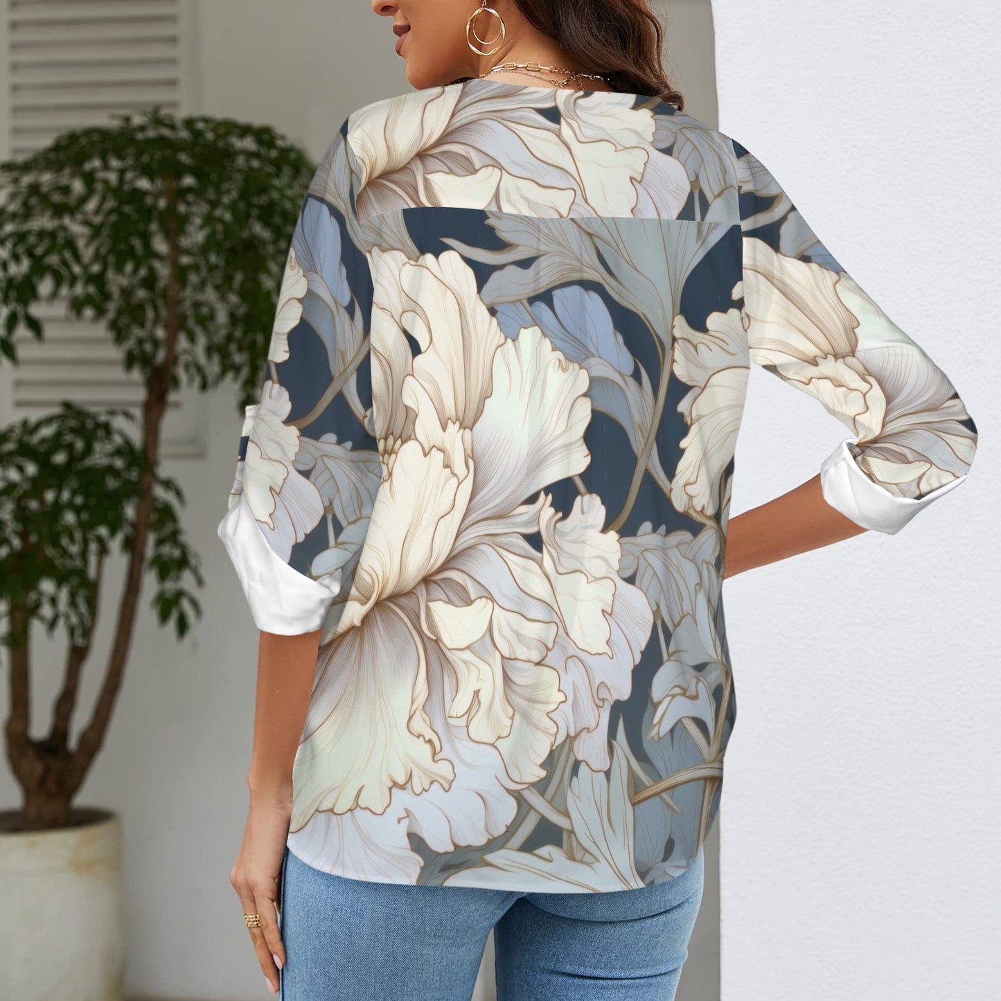 "Faith Ephesians 2:8" Blue & White Floral Women's V-Neck Cuffed Sleeve Blouse Tops
