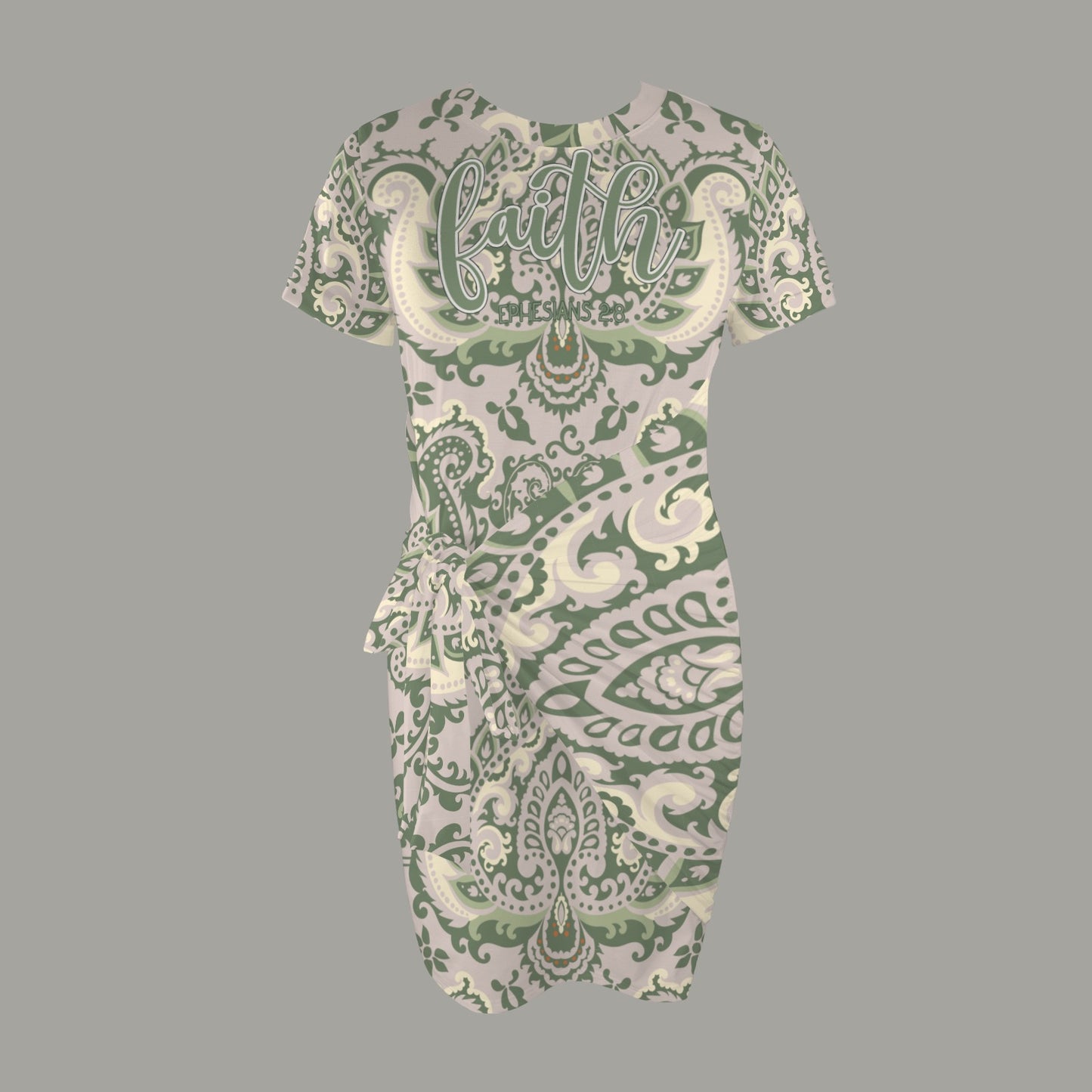 "Faith Ephesians 2:8" Green Paisley Short Sleeve Wrap Bodycon Ruched Tie Waist Dress