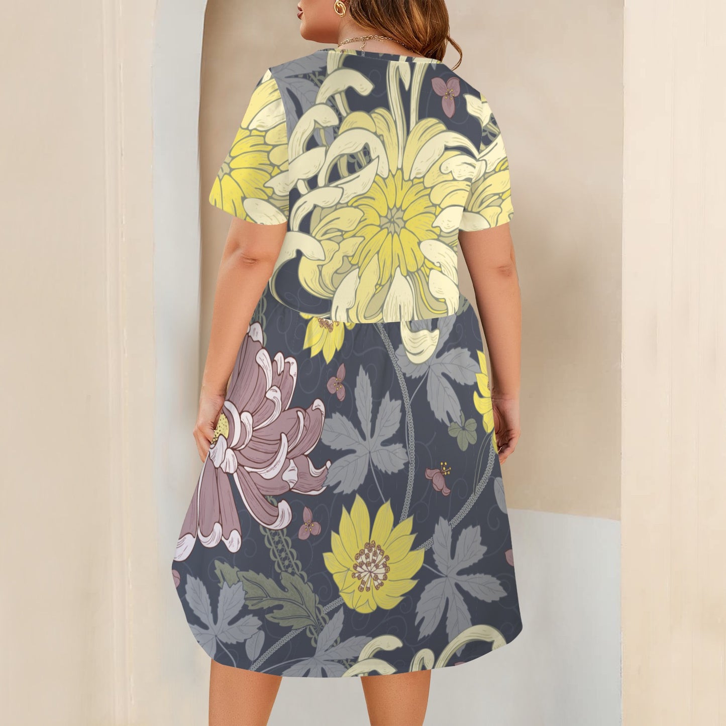 "Faith Ephesians 2:8" Yellow & Black Floral Short Sleeve Pocket Elastic Waist Causal Dress