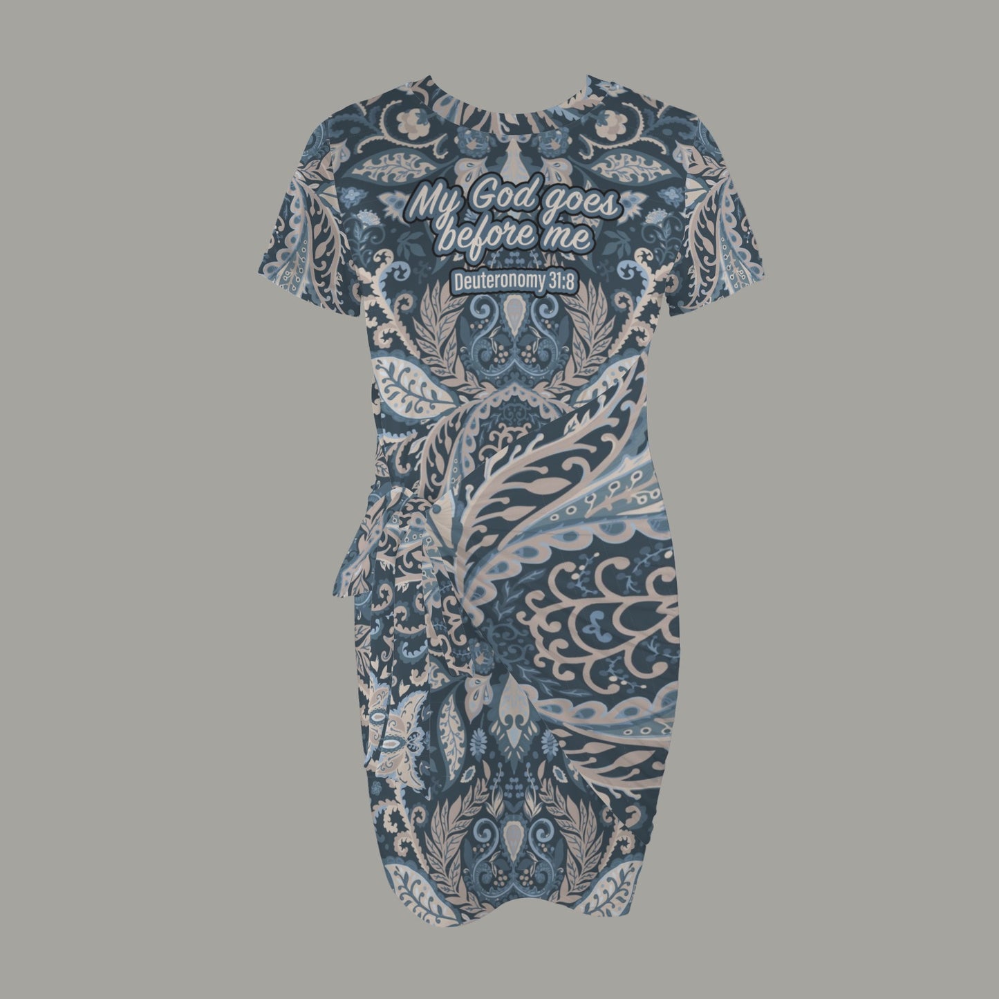 "My God goes before me" Blue Paisley Short Sleeve Wrap Bodycon Ruched Tie Waist Dress