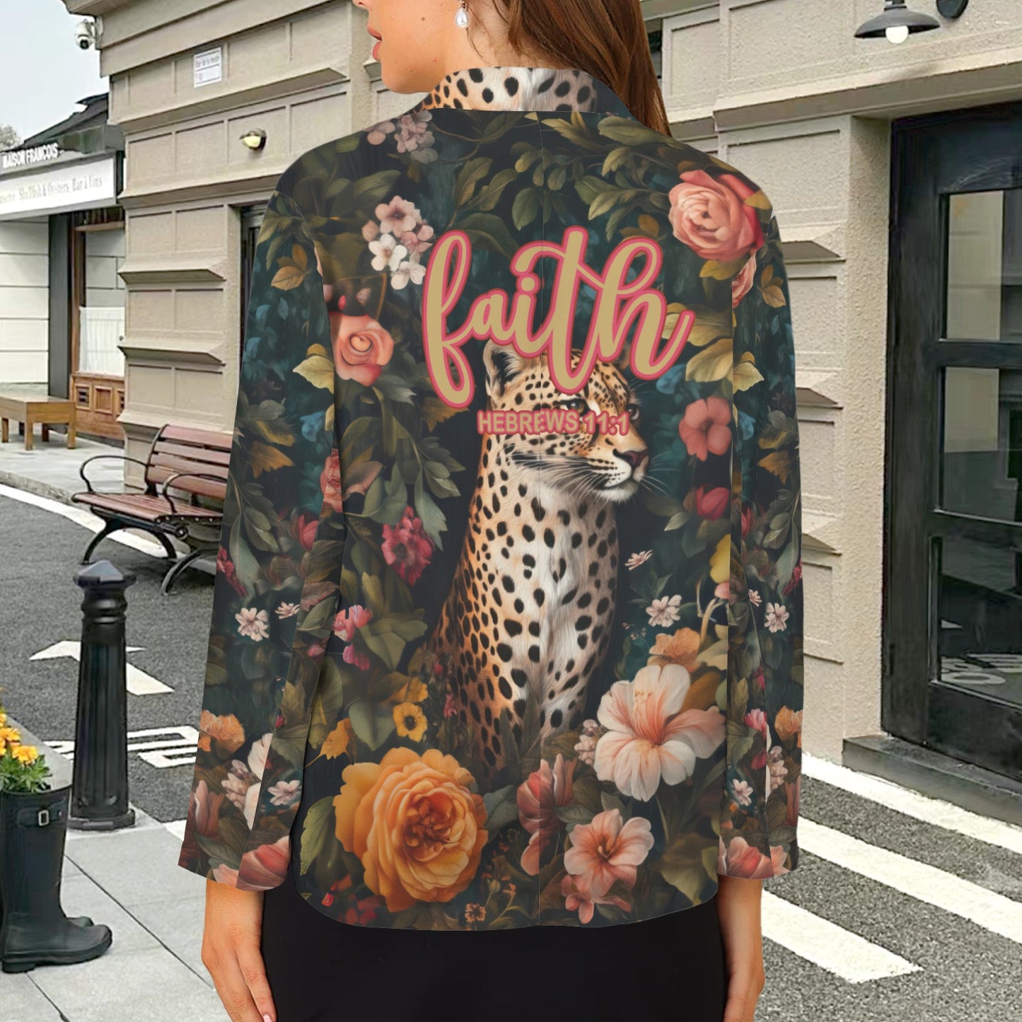 "Faith Hebrews 11:1" Leopard Floral Women's Open Front Casual Long Sleeve Blazer