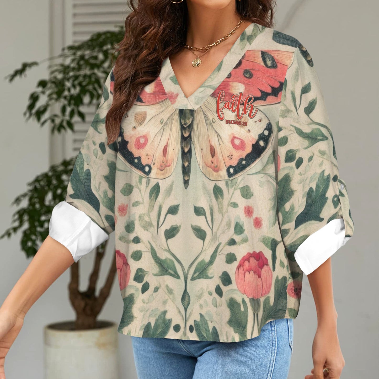 "Faith" Pink & Green & Red Butterfly Floral Women's V-Neck Cuffed Sleeve Blouse Tops