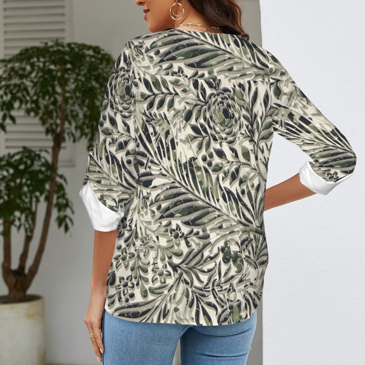 "Faith Ephesians 2:8" Green & White Floral Women's V-Neck Cuffed Sleeve Blouse Tops
