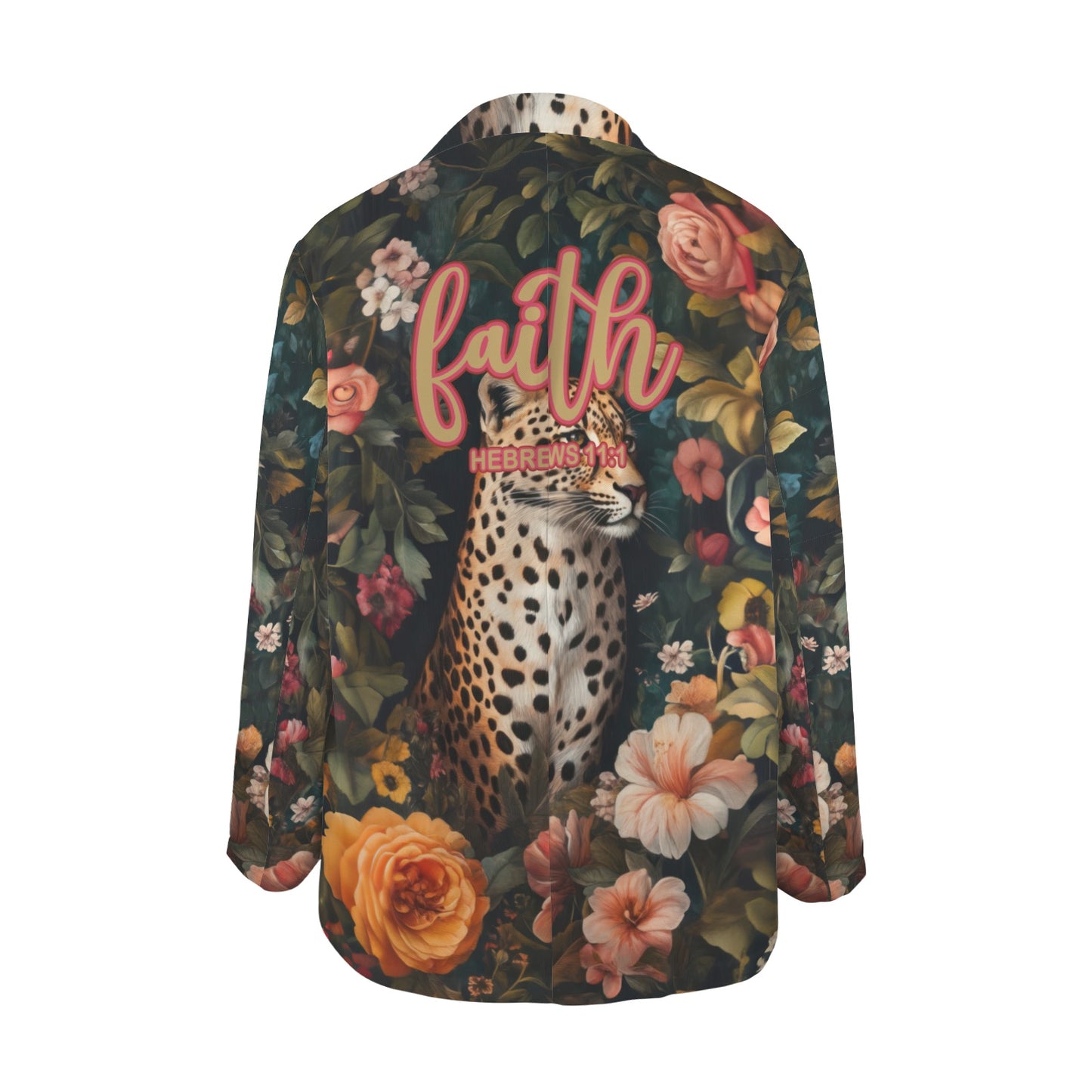 "Faith Hebrews 11:1" Leopard Floral Women's Open Front Casual Long Sleeve Blazer