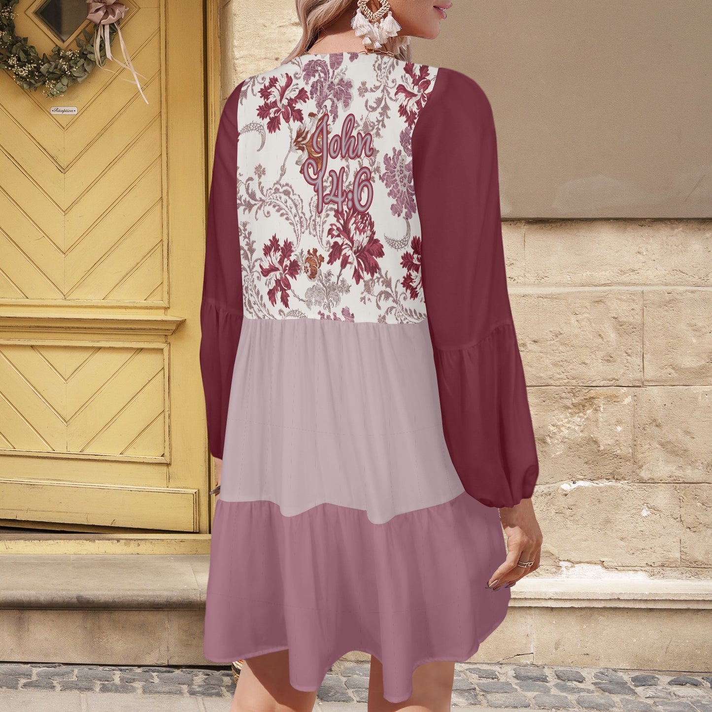 "John 14:6" Red & White Floral Print on Solid Women's V Neck Loose Fit Dress