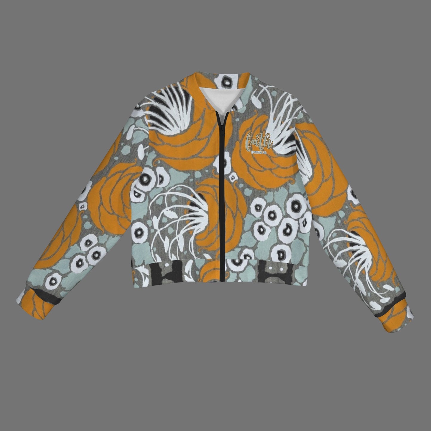 "Faith Ephesians 2:8" Blue Orange White Floral Casual Long Sleeve Zip-Up Bomber Jacket