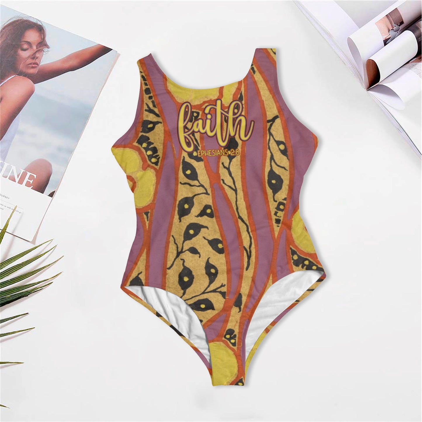 "Faith Ephesians 2:8" Yellow & Purple Stripe Women's One Piece Swimsuit