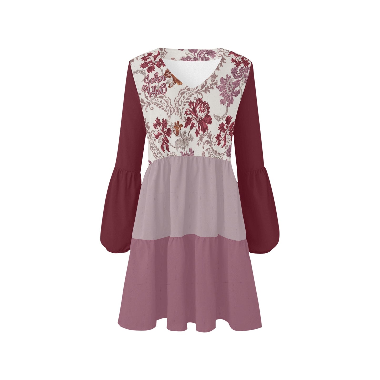 "John 14:6" Red & White Floral Print on Solid Women's V Neck Loose Fit Dress