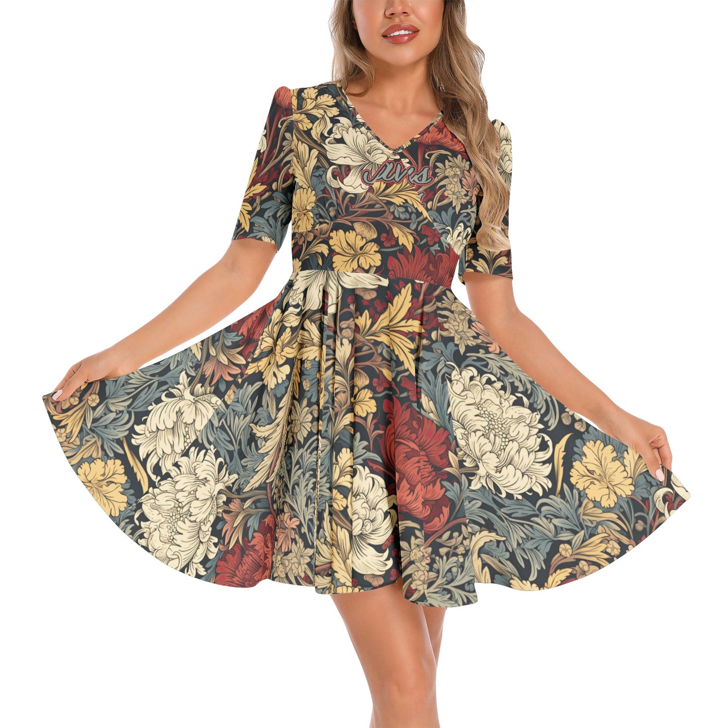 "Jesus Saves" Blue White Red Floral Short Sleeve Ruched Bust Flared Hem Dress