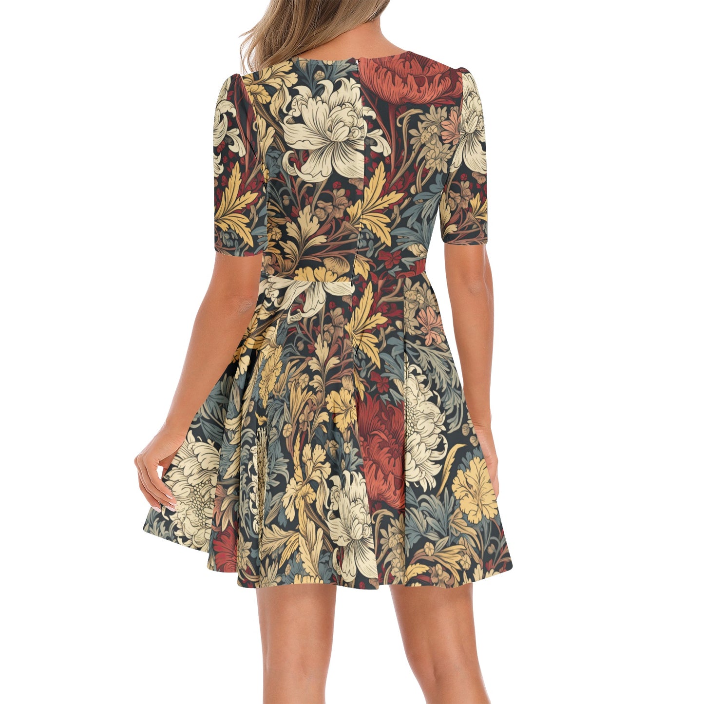 "Jesus Saves" Blue White Red Floral Short Sleeve Ruched Bust Flared Hem Dress