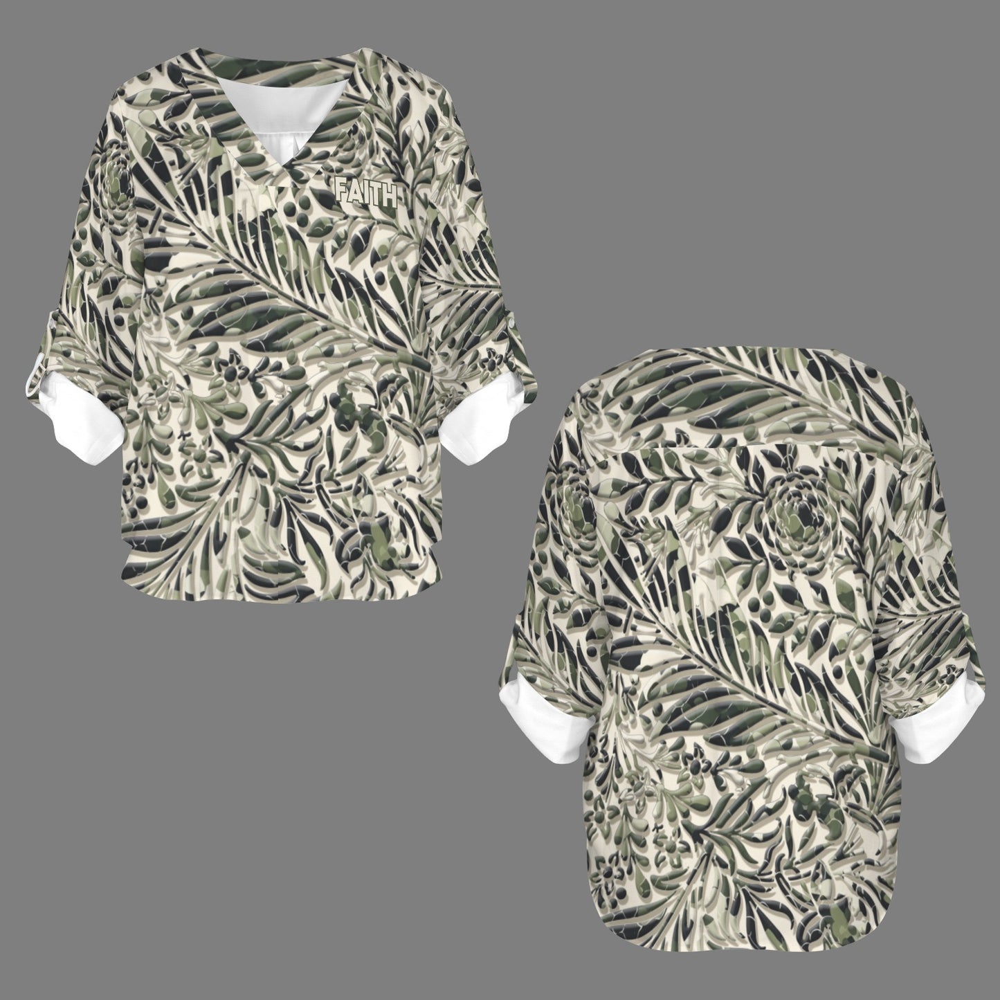 "Faith Ephesians 2:8" Green & White Floral Women's V-Neck Cuffed Sleeve Blouse Tops
