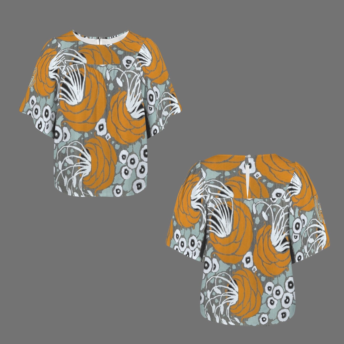 "Faith Ephesians 2:8" Orange Blue & White Floral Women's Bell Sleeve O Neck Babydoll Blouse