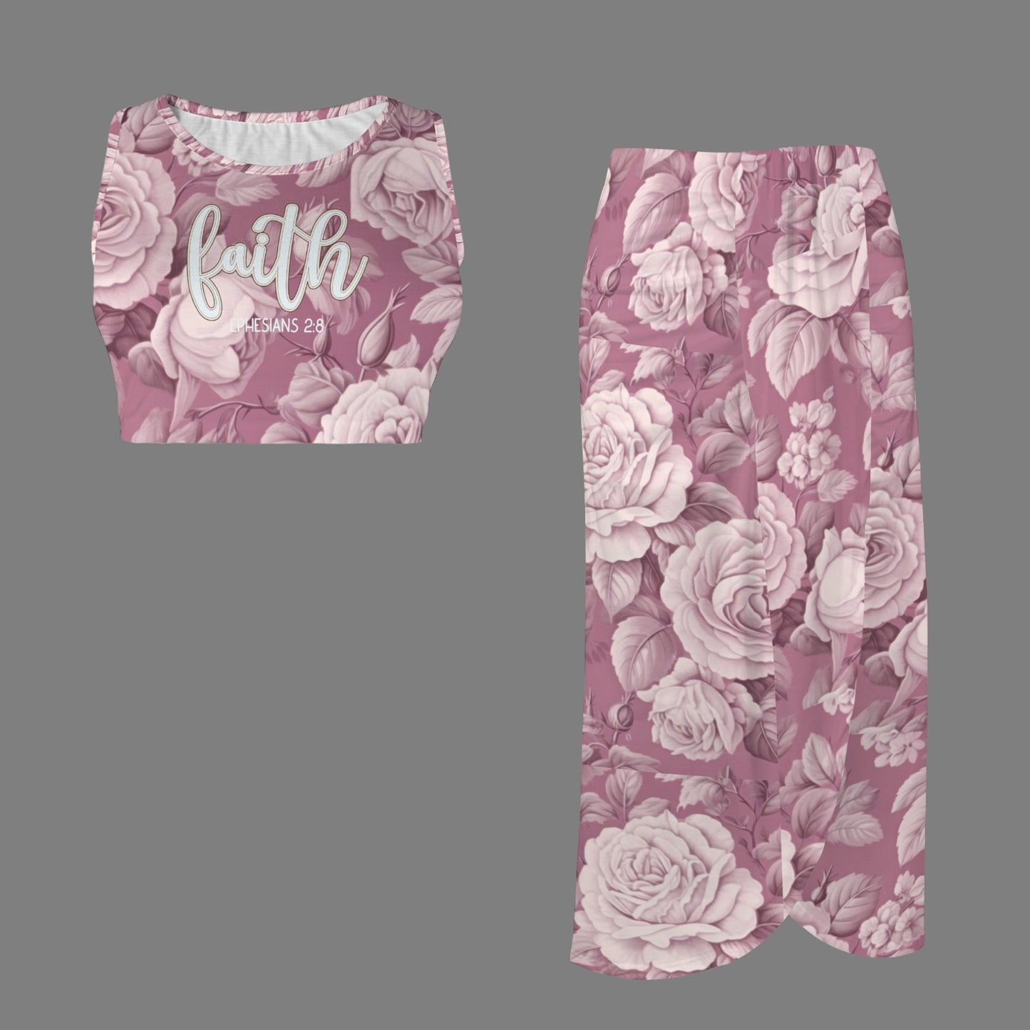 "Faith Ephesians 2:8" Pink Rose Floral Crop Tank Top & High Waist Skirt Sets