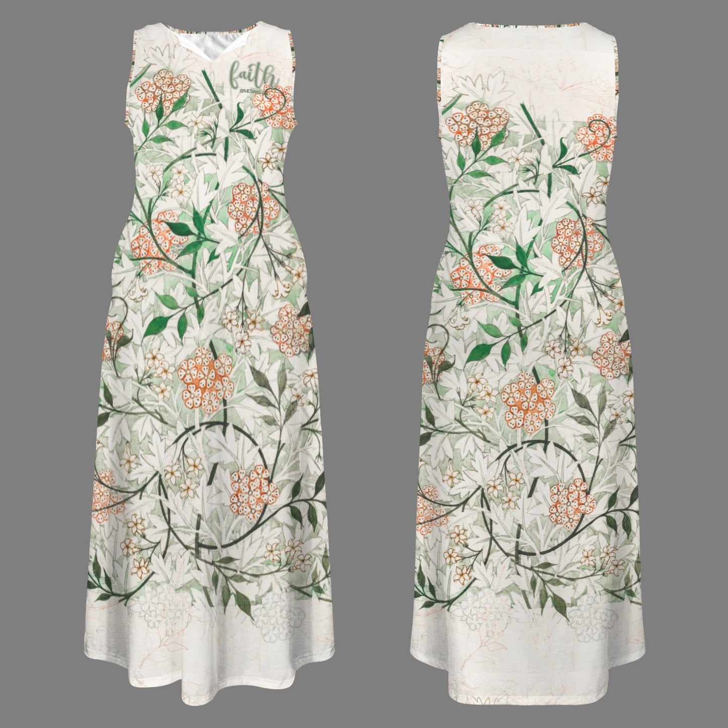 "Faith Ephesians 2:8" Green White Floral Women's Sleeveless Maxi Dress