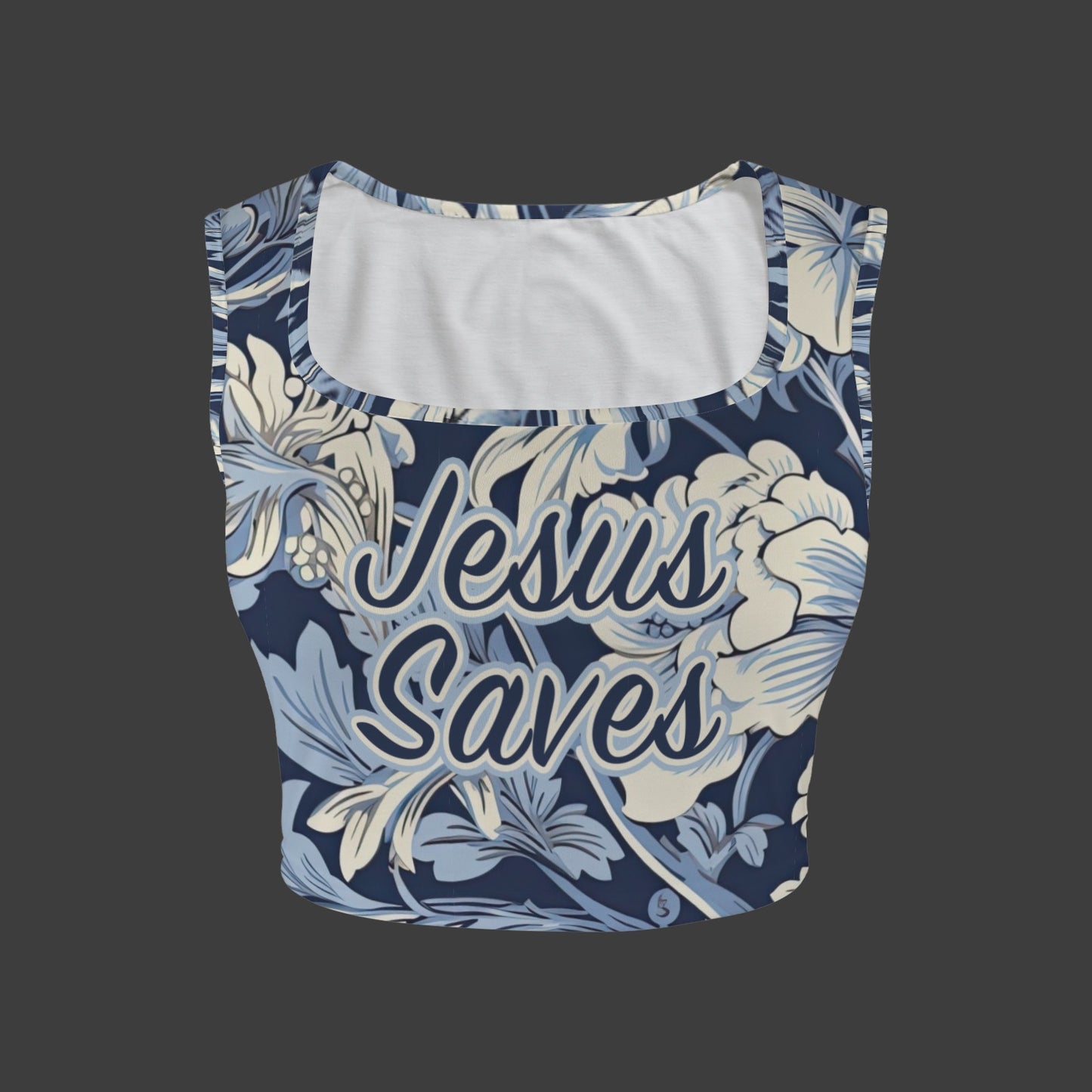 Jesus Saves Blue & WHITE FLORAL Women's Square Neck Crop Tank Tops