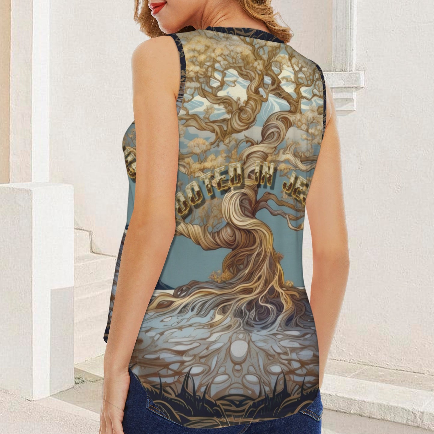 "ROOTED IN JESUS" Women's V-Neck Sleeveless Tank Tops