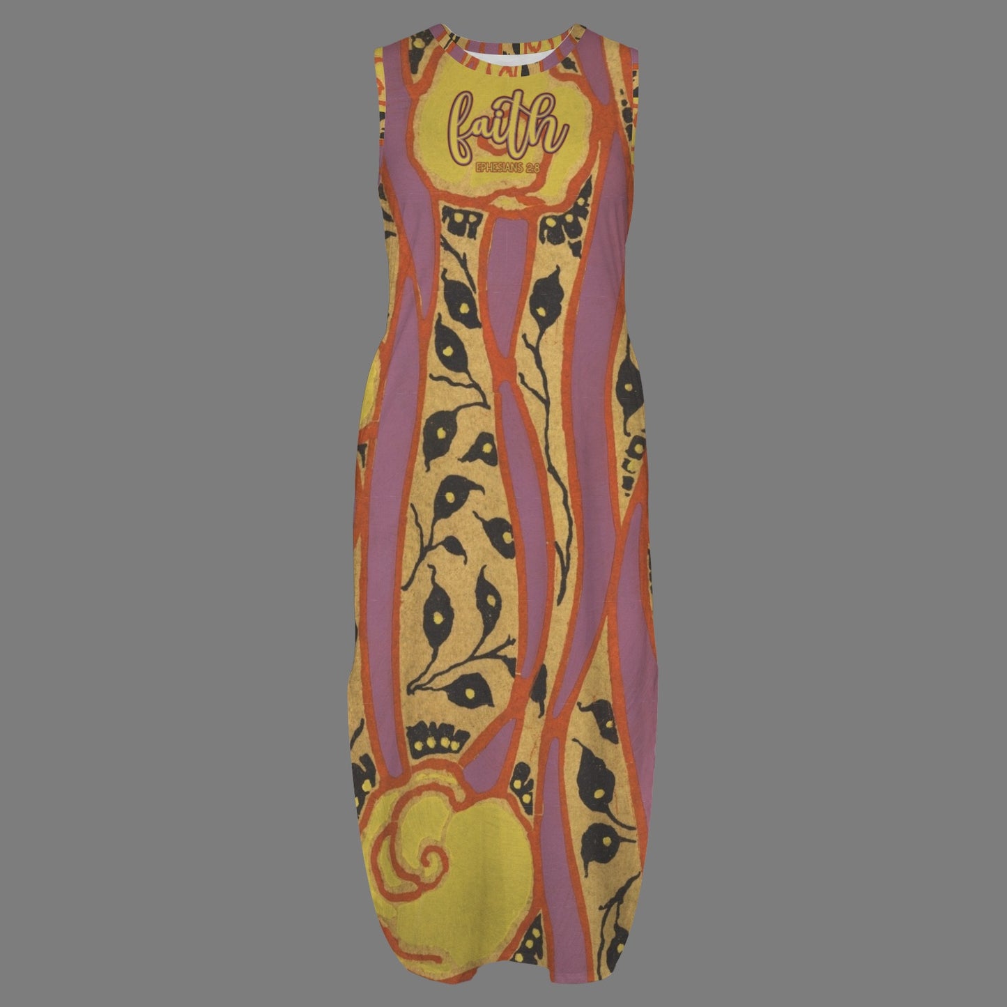 "Faith Ephesians 2:8" Yellow & Purple Round Neck Sundress Pocket Maxi Dress