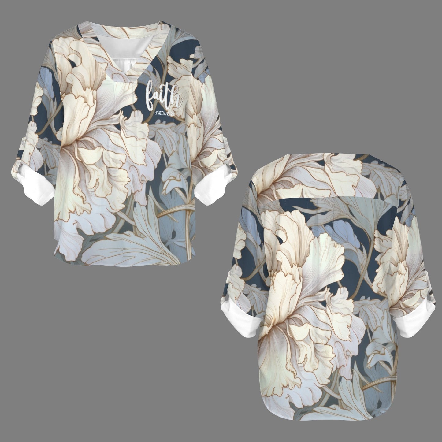 "Faith Ephesians 2:8" Blue & White Floral Women's V-Neck Cuffed Sleeve Blouse Tops