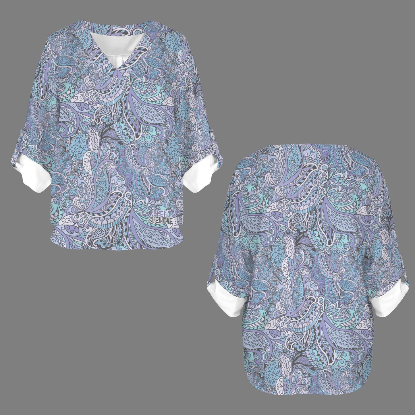 "Repent & Believe"  Purple Black Women's V-Neck Cuffed Sleeve Blouse Tops