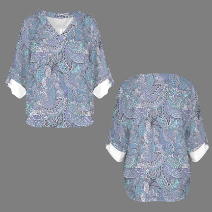 "Repent & Believe"  Purple Black Women's V-Neck Cuffed Sleeve Blouse Tops