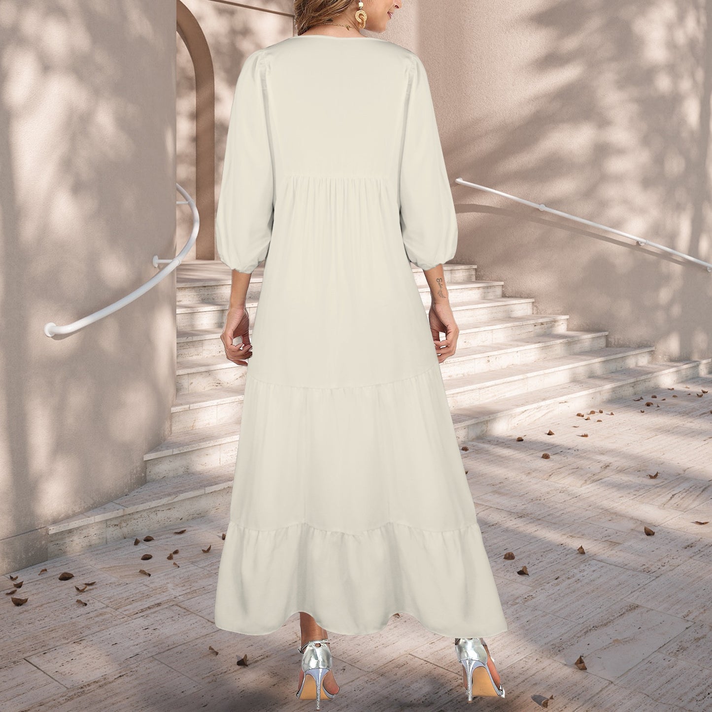 "Jesus" Text Antique White Women's V Neck Half Sleeve Maxi Dress