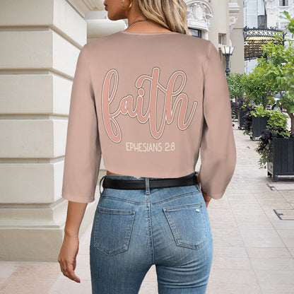 "Faith Ephesians 2:8" Pink Women's Open Front Cropped Blazer