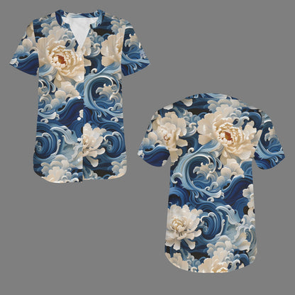 "Repent & Believe" Blue White Floral Women's V-Neck Button Short Sleeve Blouse Top