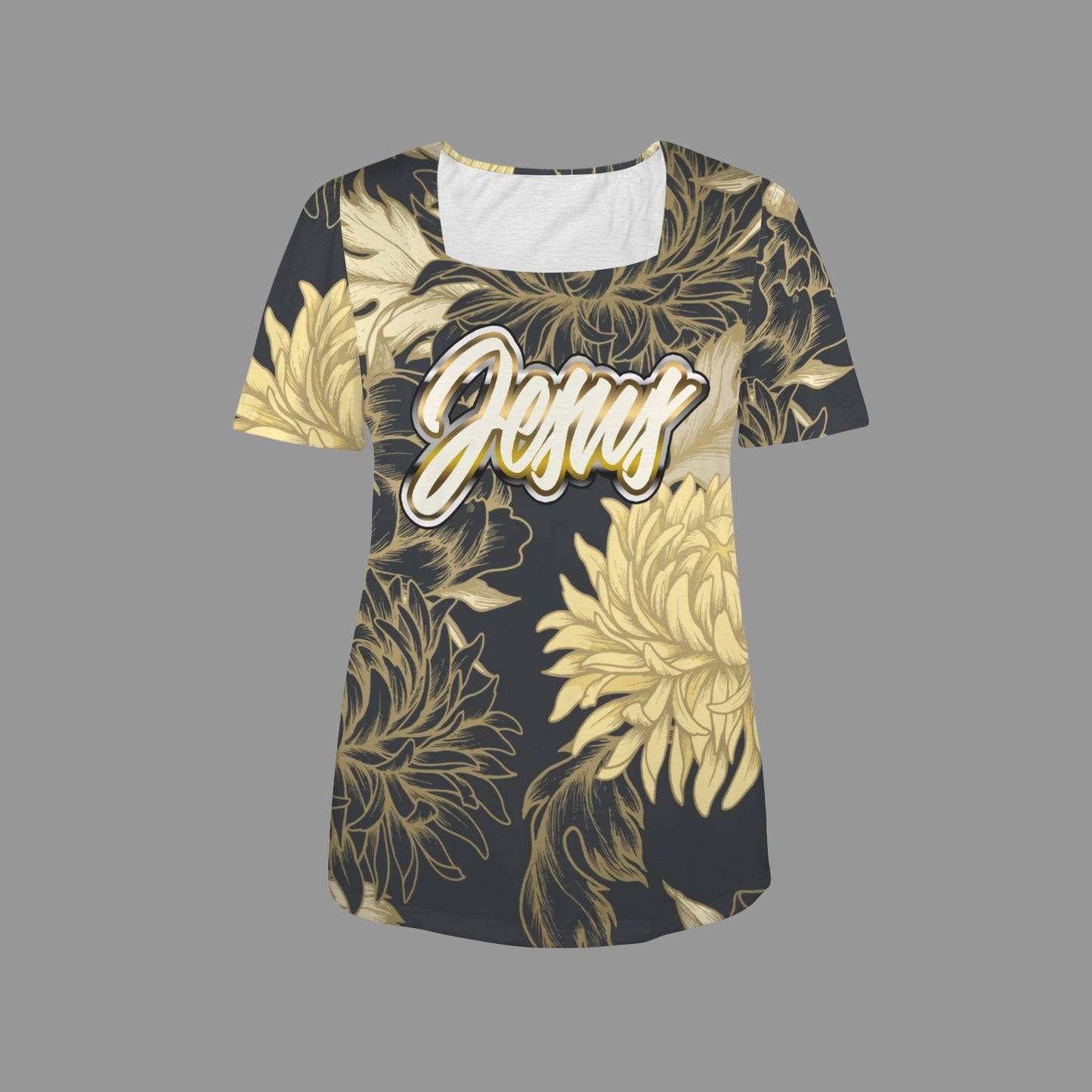 "Jesus" Black & Gold Floral Women's Square Neck Short Sleeve T-Shirts