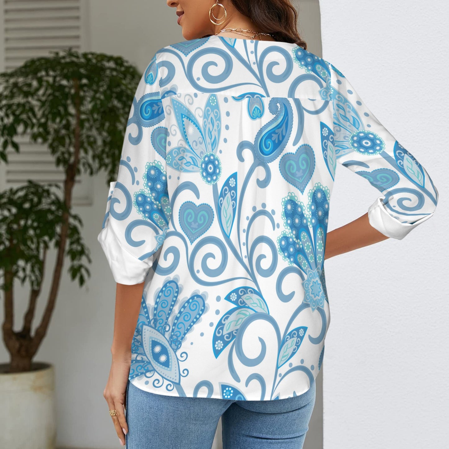 "Loved by Jesus" Blue & White Floral Women's V-Neck Cuffed Sleeve Blouse Tops