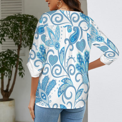 "Loved by Jesus" Blue & White Floral Women's V-Neck Cuffed Sleeve Blouse Tops