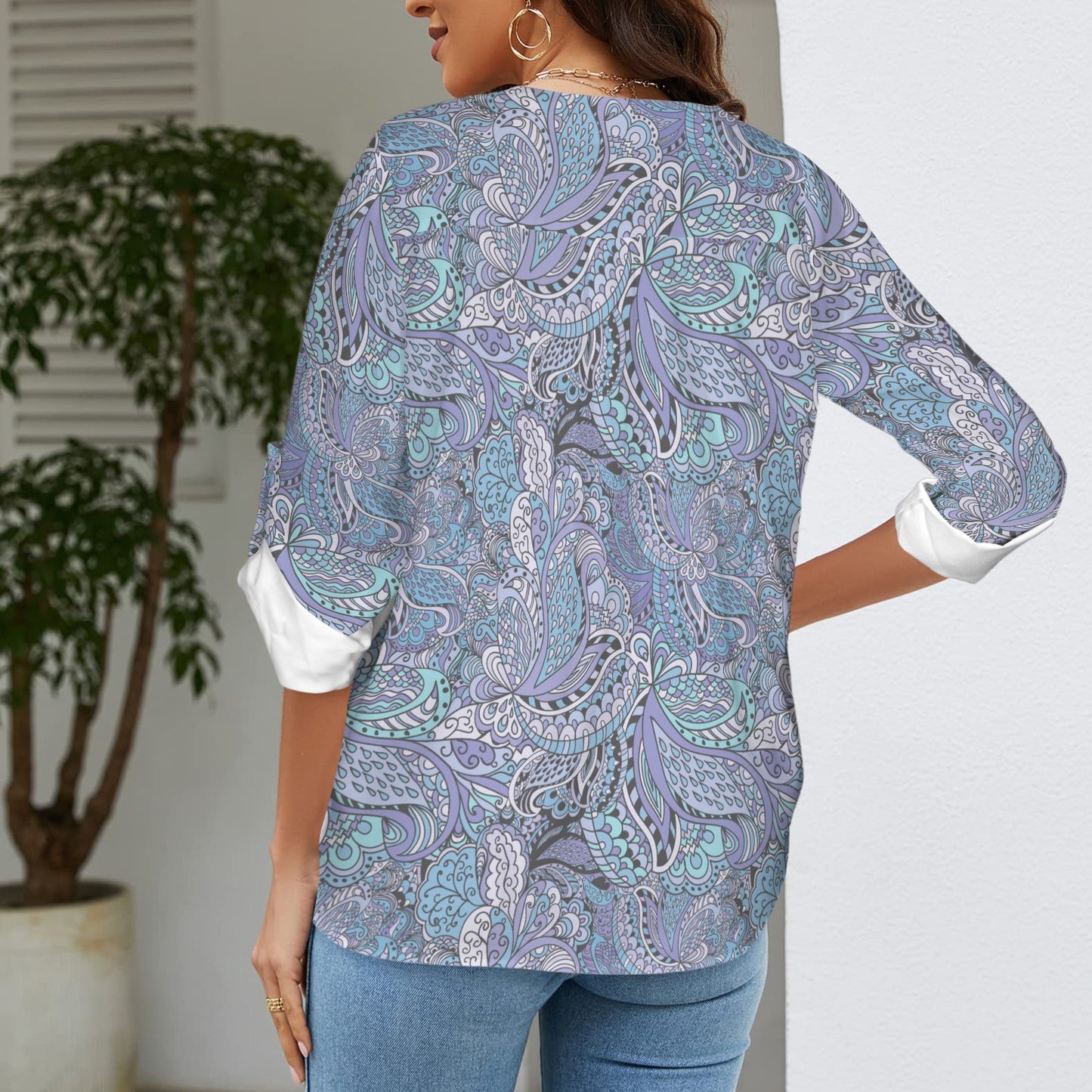 "Repent & Believe"  Purple Black Women's V-Neck Cuffed Sleeve Blouse Tops