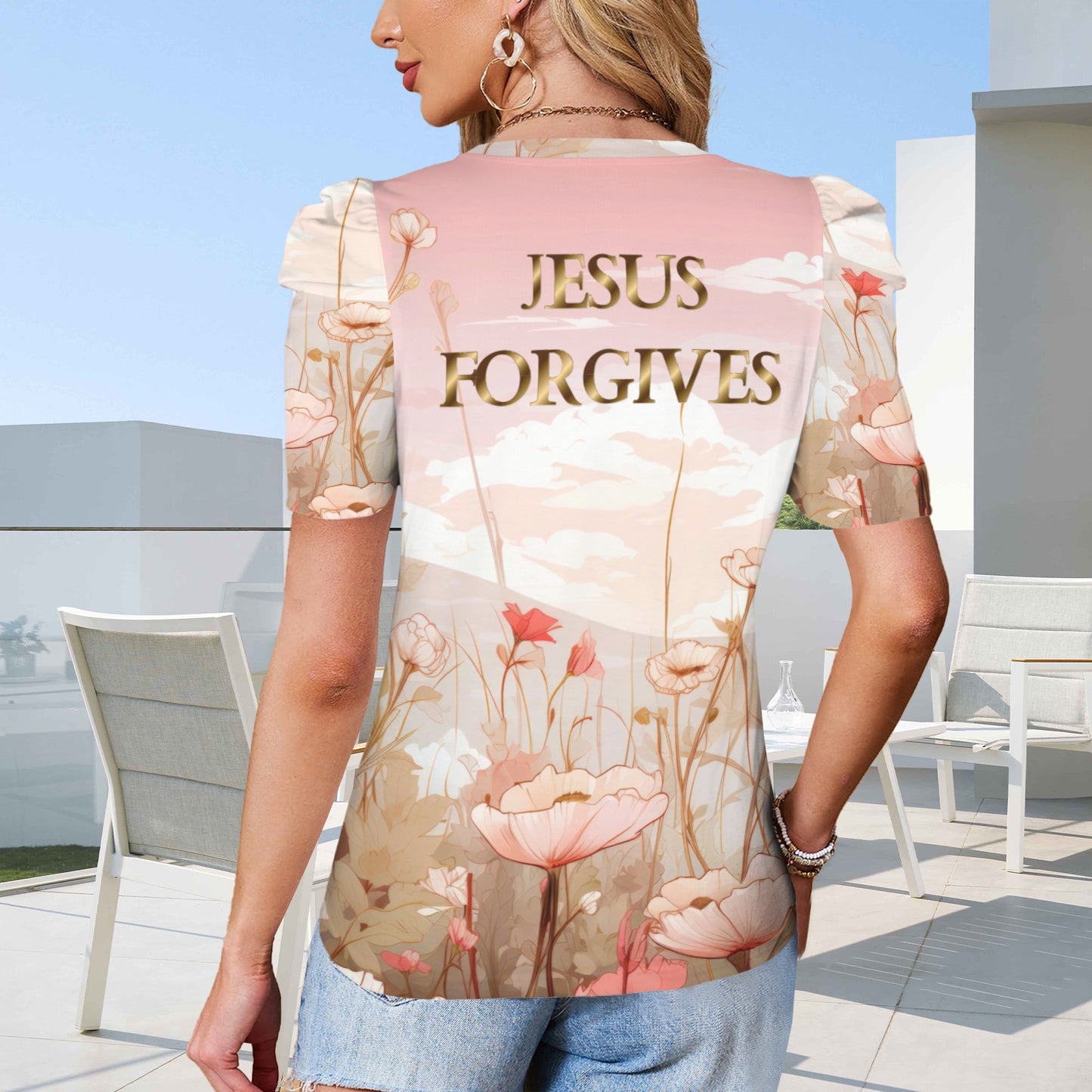 "JESUS FORGIVES" Pink Floral Women's Round Neck Puff Sleeve T-Shirts