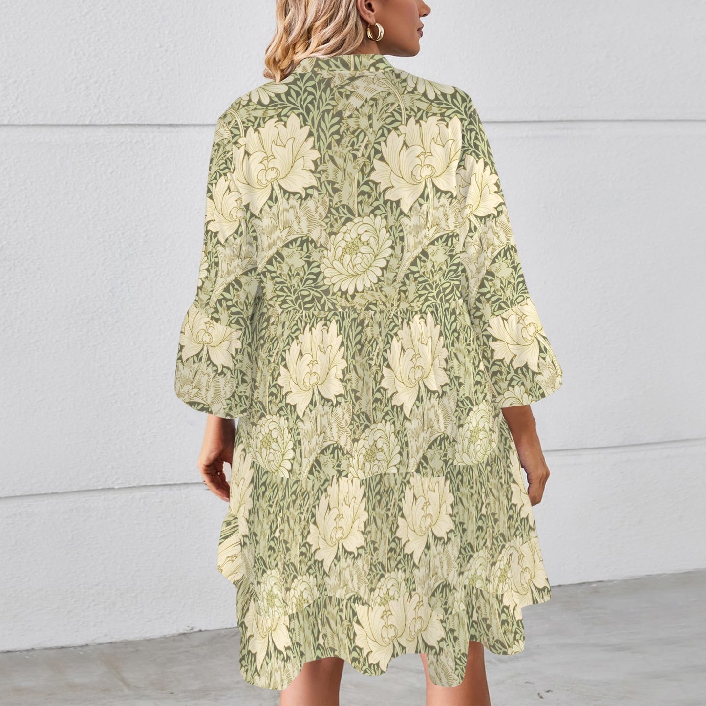 Hayes Fav "Faith Ephesians 2 8" Green Leaf Floral Women's Flared Sleeve Button Tiered Shirt Dress