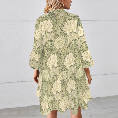 Hayes Fav "Faith Ephesians 2 8" Green Leaf Floral Women's Flared Sleeve Button Tiered Shirt Dress