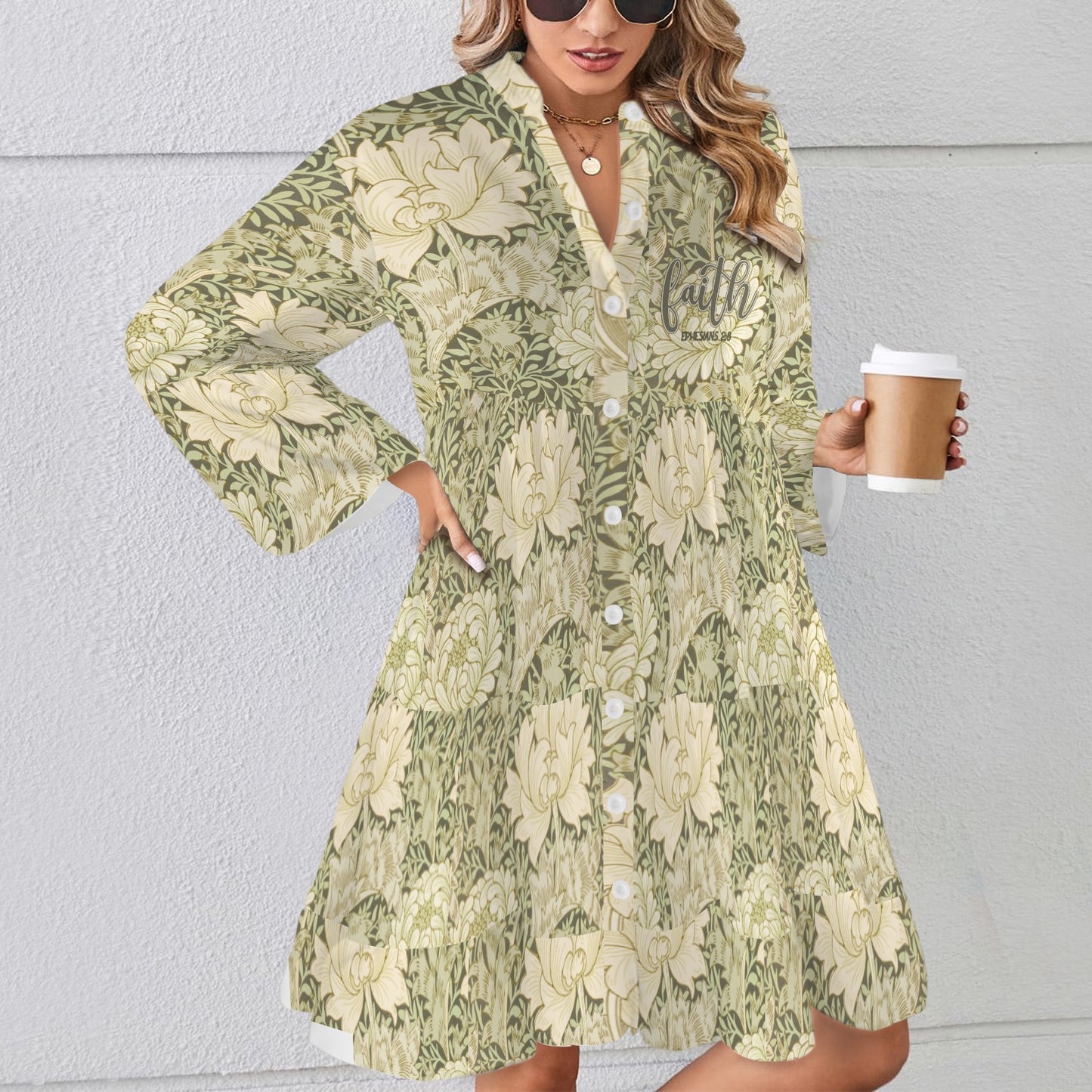 "Faith Ephesians 2 8" Green Leaf Floral Flared Sleeve Button Tiered Shirt Dress