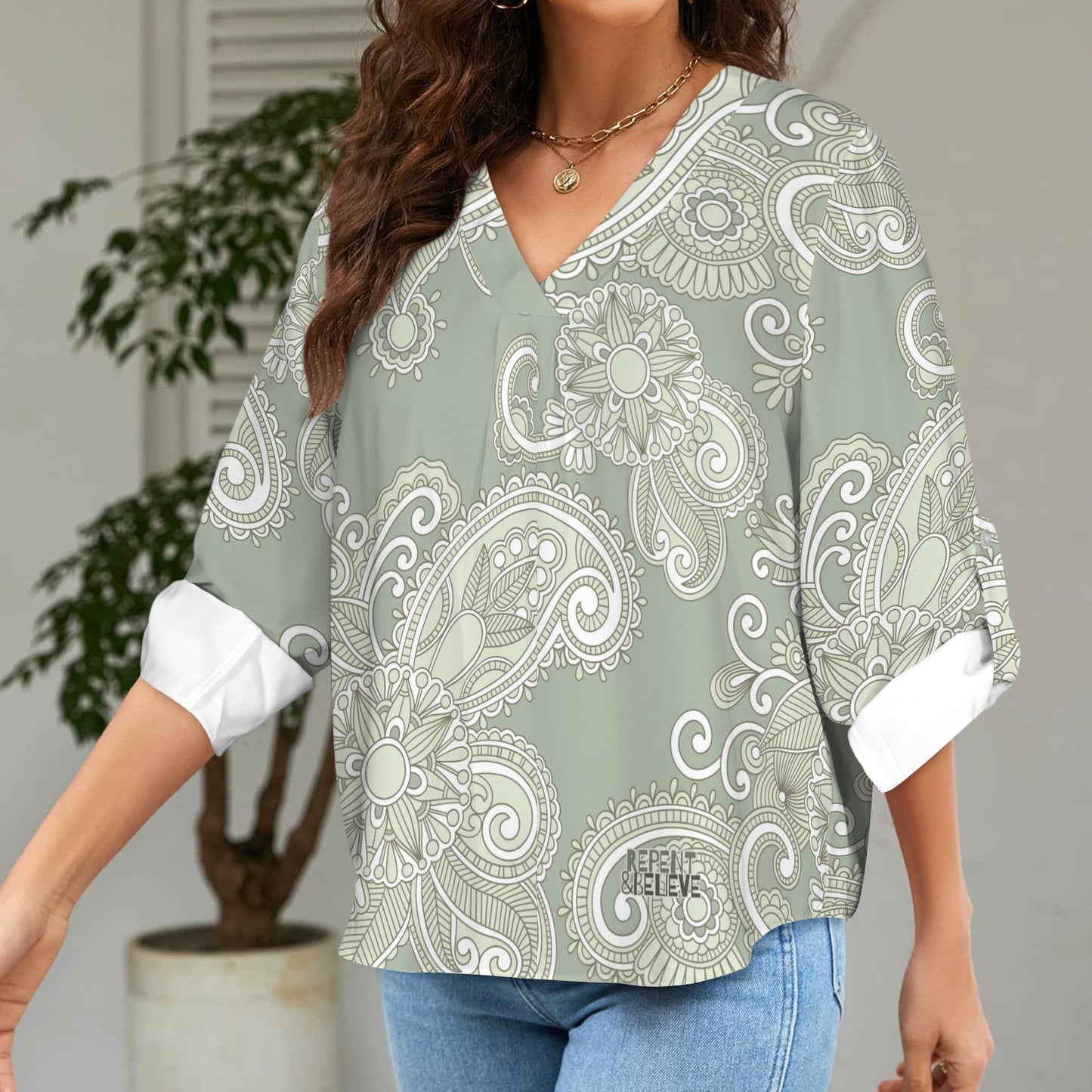 "Repent & Believe" Green Paisley Women's V-Neck Cuffed Sleeve Blouse Tops