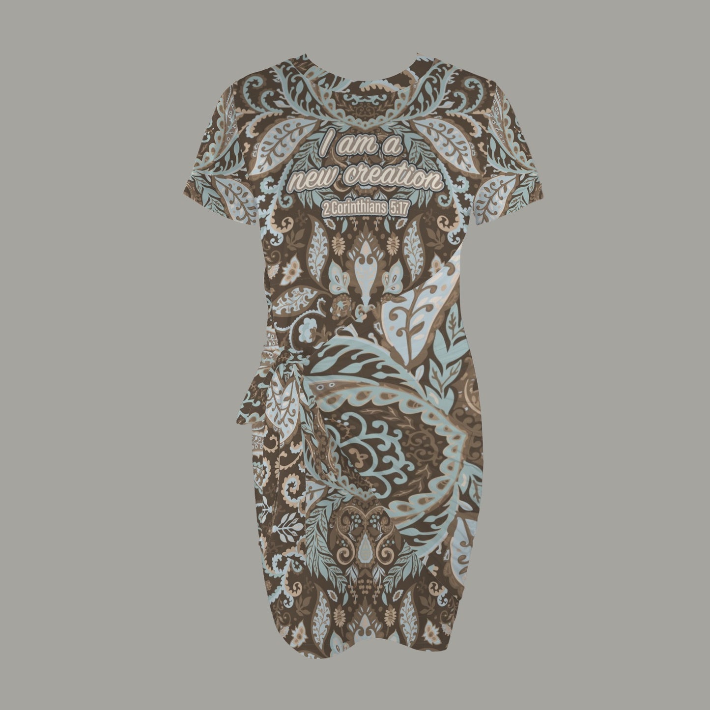 "I am a new creation" Brown Paisley Short Sleeve Wrap Bodycon Ruched Tie Waist Dress