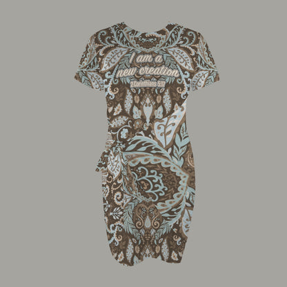"I am a new creation" Brown Paisley Short Sleeve Wrap Bodycon Ruched Tie Waist Dress