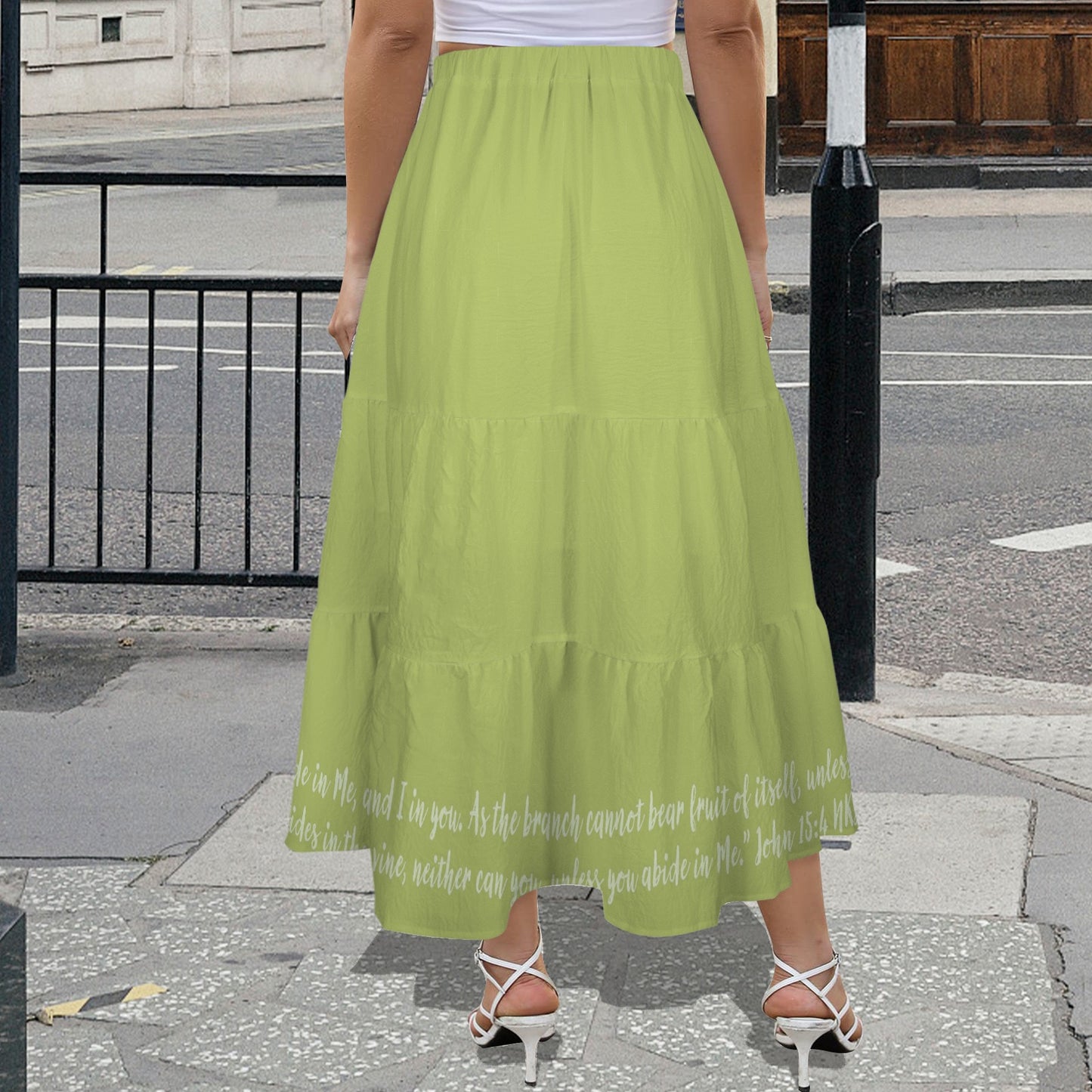 John 15:4 Green Hem Text Elastic Waist Tiered Ruffle Hem Pocket Maxi Skirt