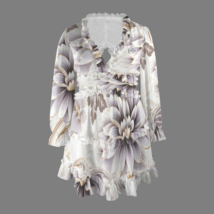 "Faith Ephesians 2:8" White Floral Long Sleeve Deep V-Neck Ruffled Casual Dress