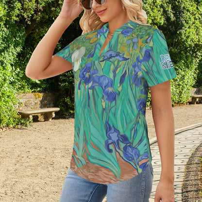 "Repent & Believe" Lily Green Blue Women's V Neck Pocket Polo Shirts