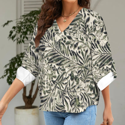 "Faith Ephesians 2:8" Green & White Floral Women's V-Neck Cuffed Sleeve Blouse Tops