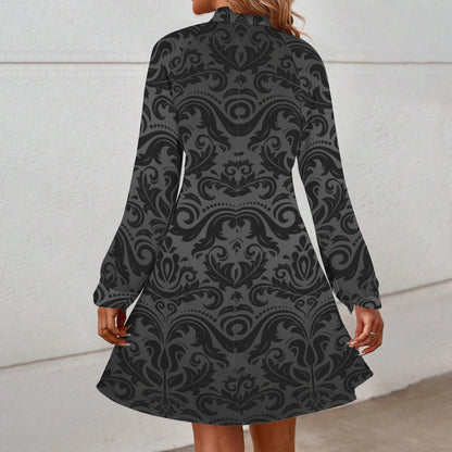 "Faith" Text Diamonds Black Floral Mock Neck Long Lantern Sleeve Mini Dress