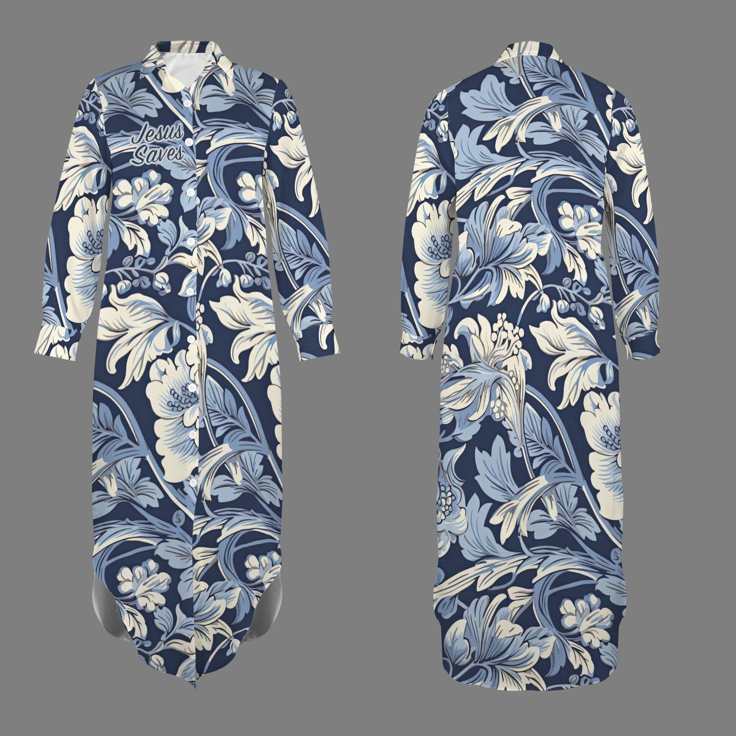 Jesus Saves Blue Floral Women's Button Long Sleeve Shirt Dress