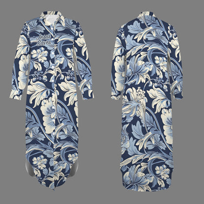 Jesus Saves Blue Floral Women's Button Long Sleeve Shirt Dress