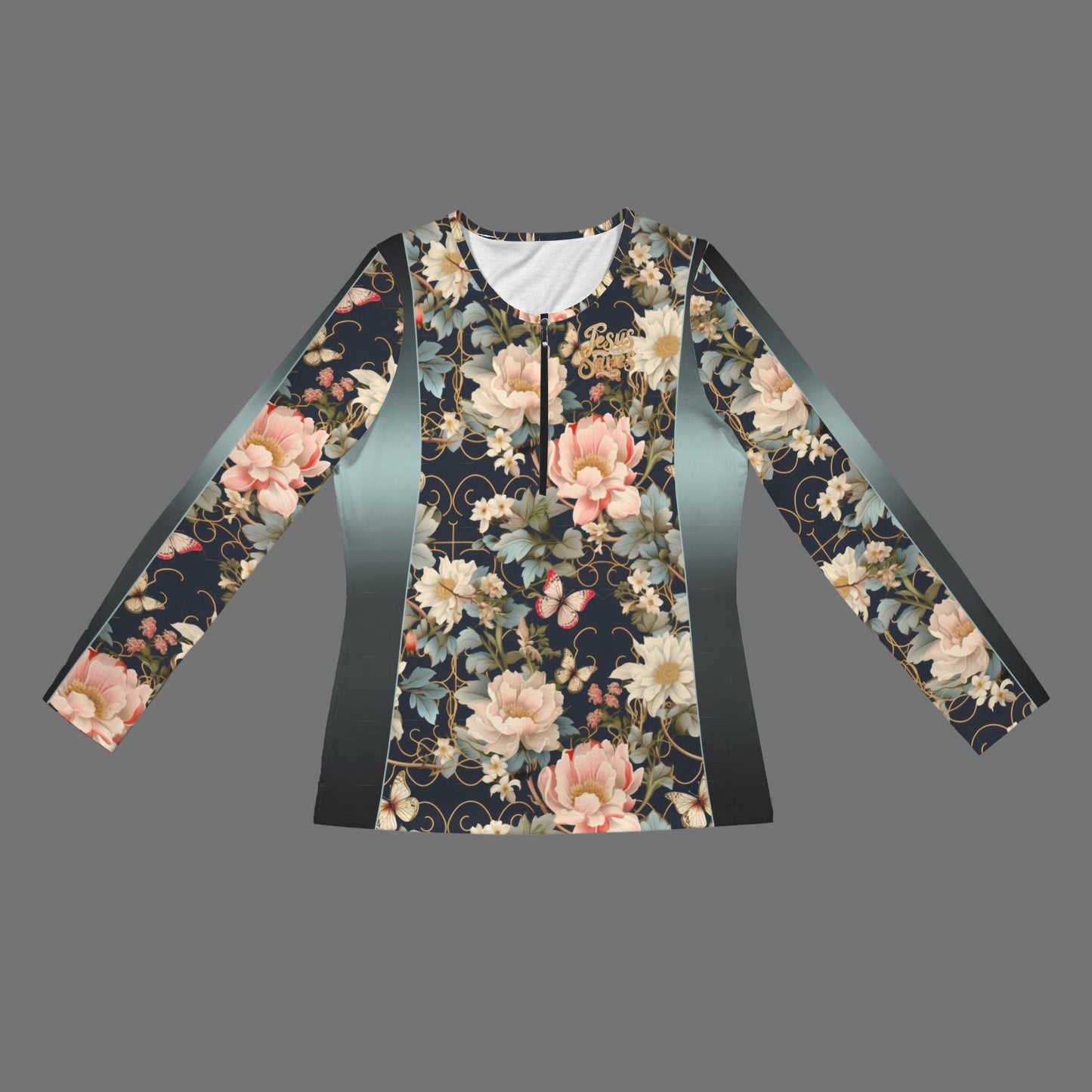 "Jesus Saves" Floral Women's Long Sleeve Zip Front T-Shirt